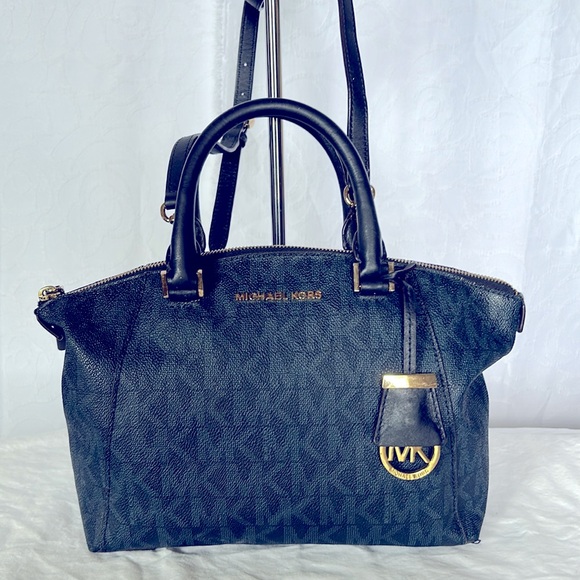 MICHAEL KORS blue and black signature Riley leather top zip medium size satchel. - Picture 2 of 16